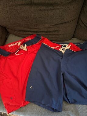 Old Navy Red and Navy Colorblock Swim Shorts with Drawstring size 32